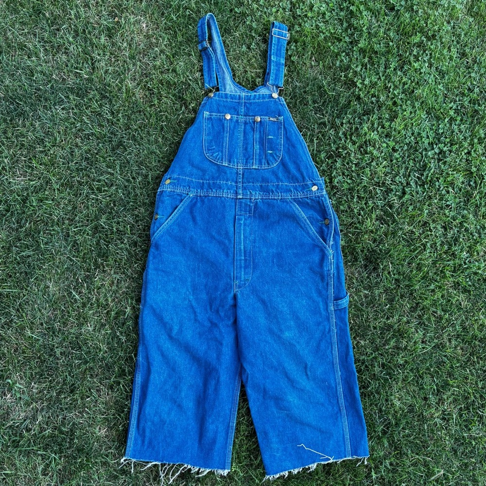 Key Imperial Mens Denim Bib Overalls Blue Cut Off Raw Workwear W34 L32 Vintage
